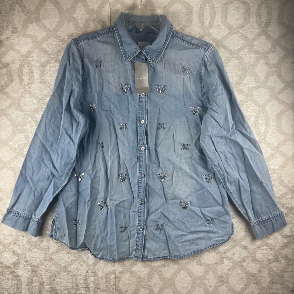 Chico's All Over Glitz Denim Doni Top Women 1 M Light Wash New Rhinestone Shirt
